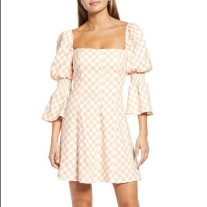 Wayf Juliet Sleeve Linen‎ Blend Dress In Peach Checker XL Coquette Fairytale